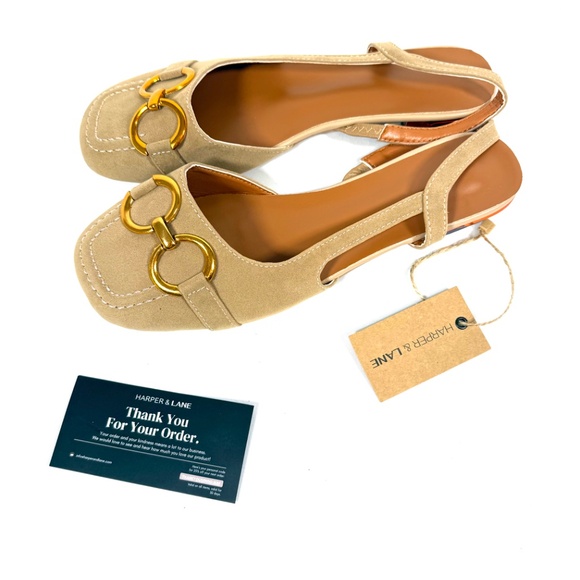Harper & Lane Beige Suede Slingback Flats Gold Horsebit Low Heel Size 40 New - Picture 12 of 13